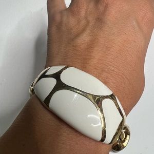 Vintage Monet Signed Chunky White Bangle Bracelet Gold color art collectors cool